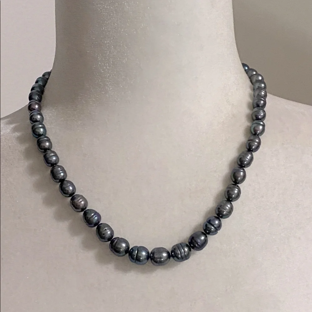 Freshwater Cultured Peacock Blue Gray Pearl Necklace SS925 New In Box